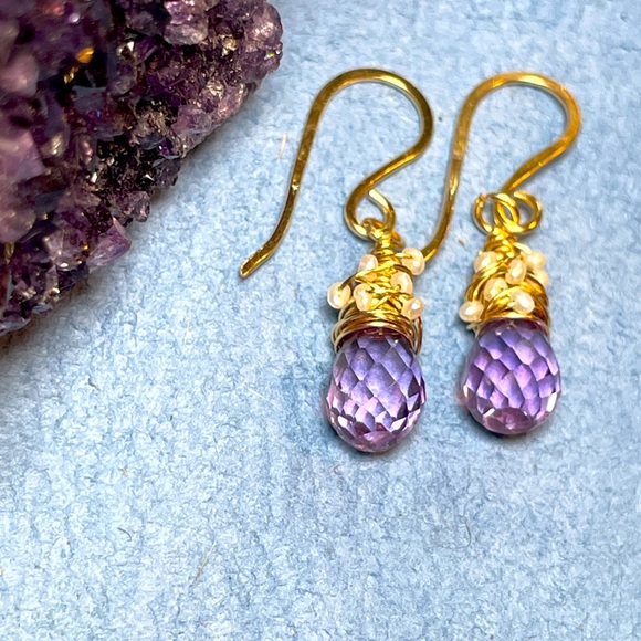 Alexandrite Crystals And Pearls Artisan Earrings 14K Gold Filled - Picture 7 of 16